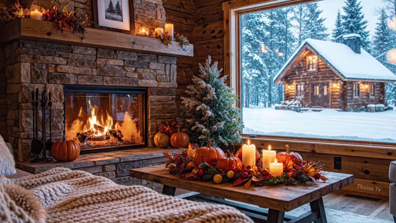 Haunted Halloween Ambience 🎃 Relaxing Halloween Jazz Music & Crackling Fireplace at Fall Coffee Shop