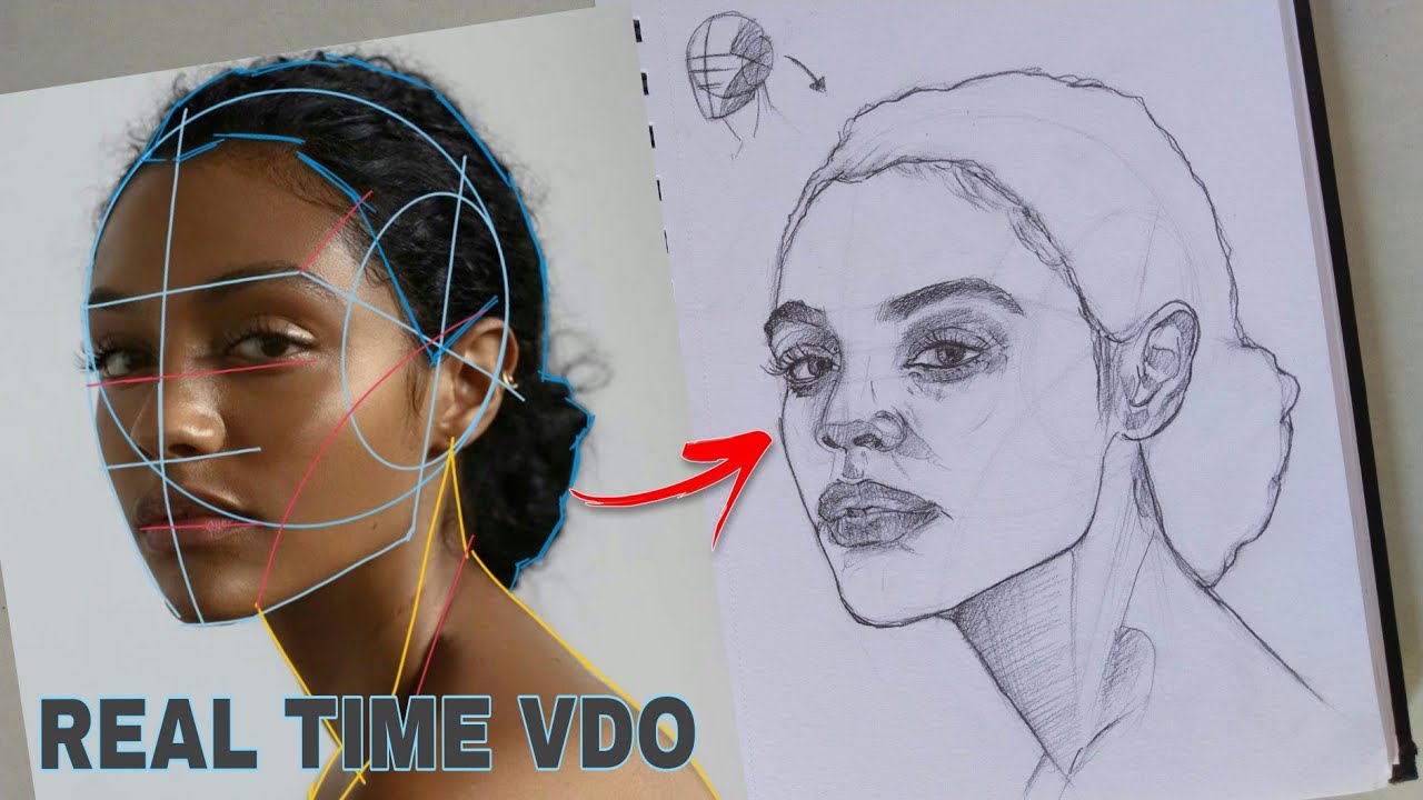 REAL TIME easy pencil sketch, portrait drawing using Loomis method # ...