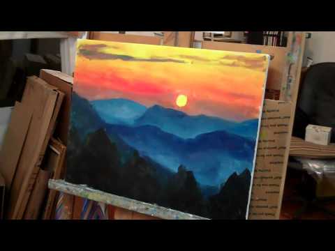 Painting a Mountain Range Scene at Sunset with Poscas. 