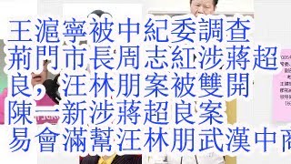 王沪宁被中纪委调查。荆门市长周志红涉蒋超良,汪林朋案被双开。陈一新涉及蒋超良案,易会满帮汪林朋武汉中商上市。