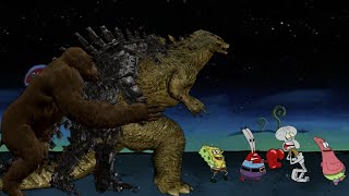 Squidward, SpongeBob, Mr. Krabs, and Patrick run away from Godzilla, Kong, and Mecha Godzilla