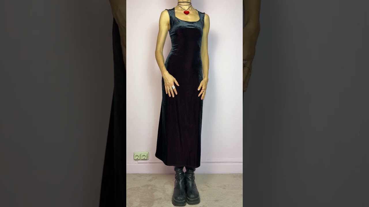Vintage 90s Black Velvet Sleeveless Midi Dress 