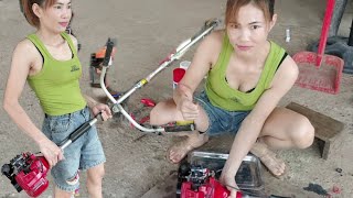 Genius girl repairs and maintains 35cc 2stroke lawn mowers