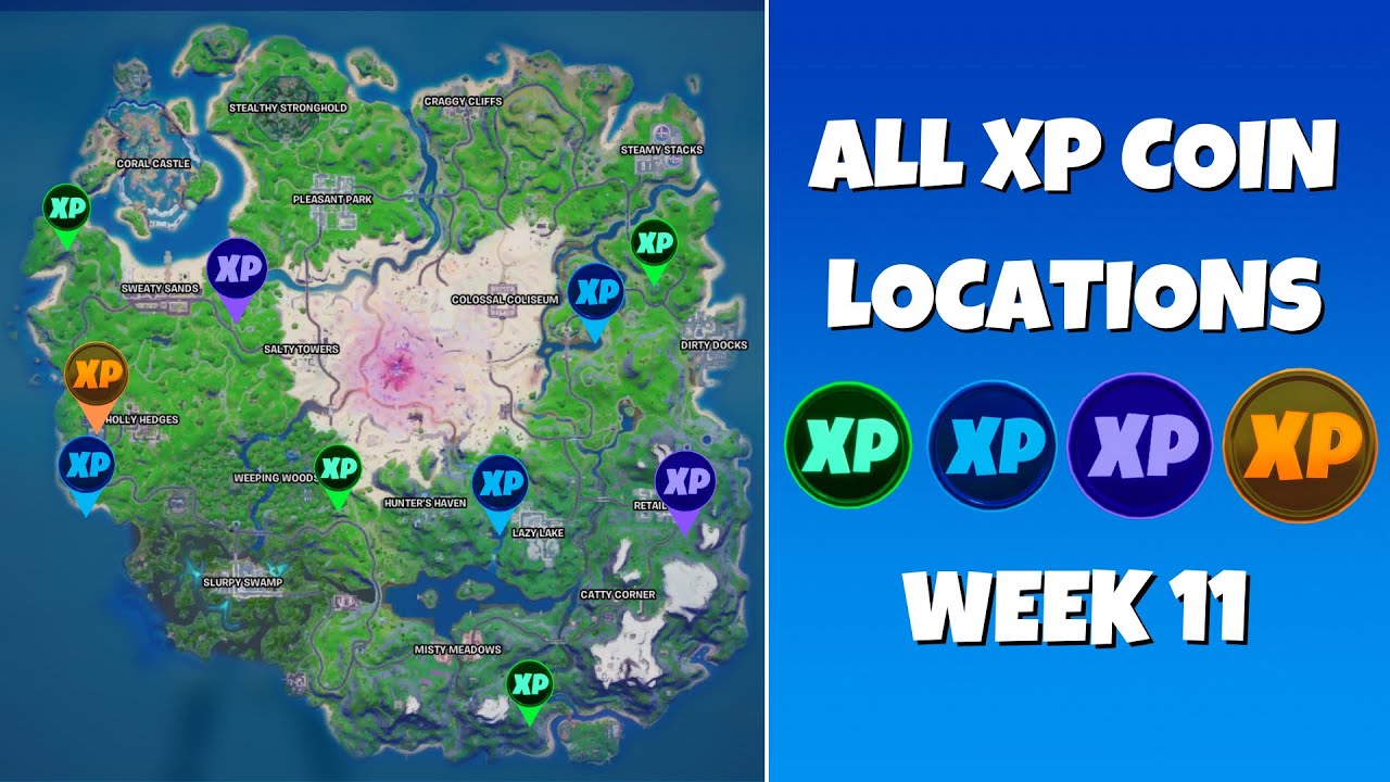 All 10 Xp Coins Locations In Fortnite Season 5 Chapter 2 Week 11 Green Blue Purple And Gold Youtube