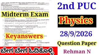 2nd PUC Physics Midterm Question Paper 2026 with Answers
