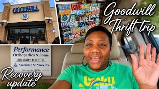 THRIFTING BEAUTIFUL HOME DECOR| MEG KNEES! | OUT OF ONE HOSPITAL, IN TO ANOTHER! #vlog #thriftvlog