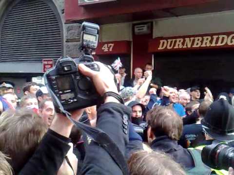EDL protesters chanting in Back Piccadilly before being moved by police.