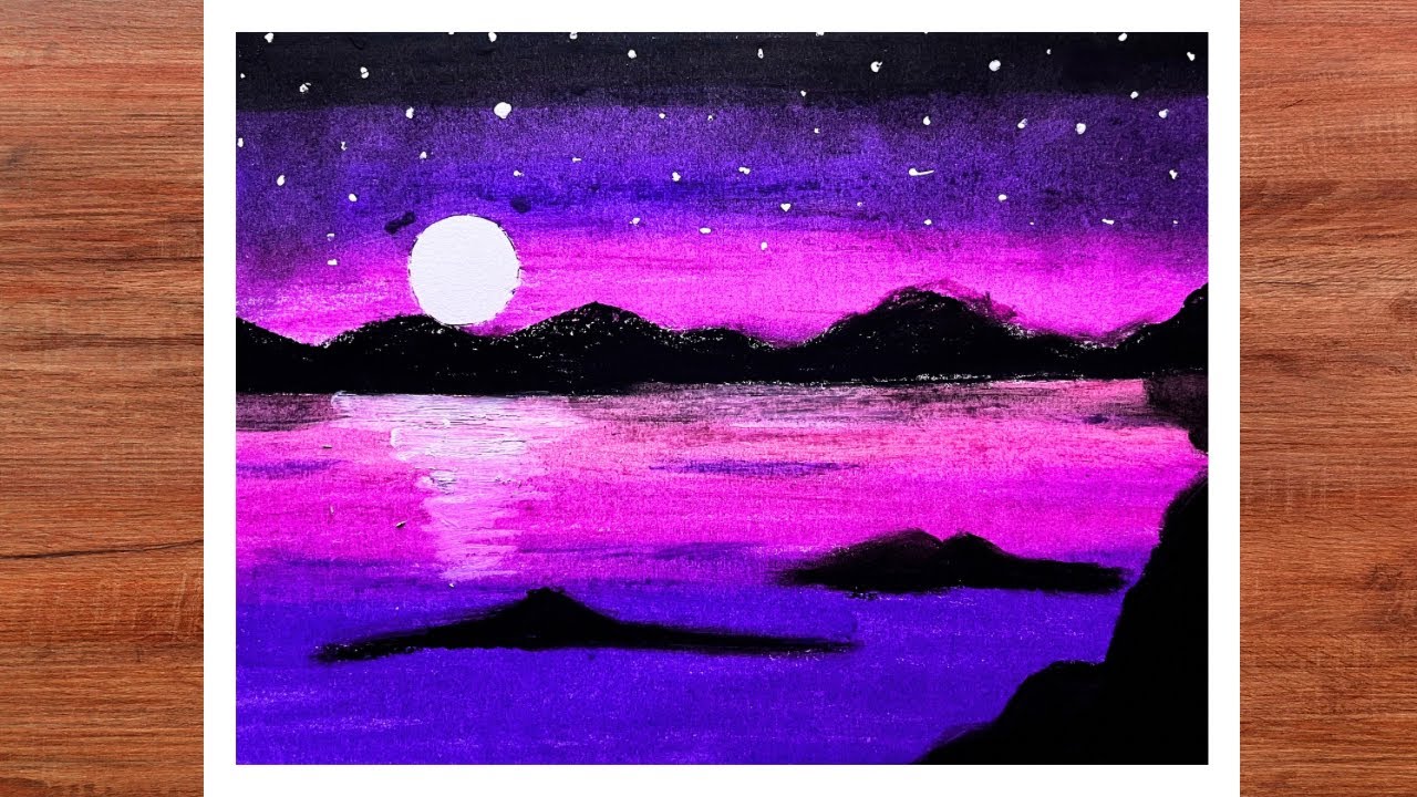 Beautiful Night Sky Oil Pastel Landscape | Easy Moonlight Scenery Drawing | Mrs Sketch