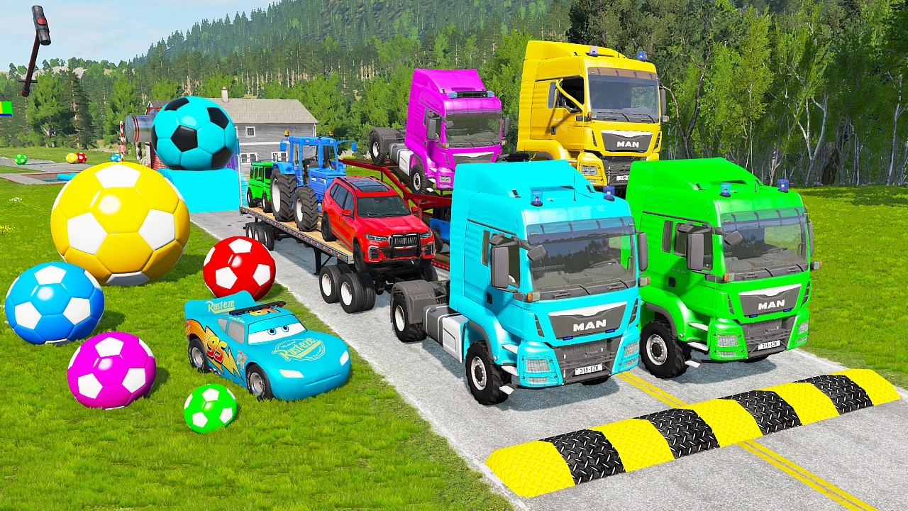 Flatbed Trailer McQueen Transportation with Truck - Speedbumps vs Cars vs Train - BeamNG.Drive #8