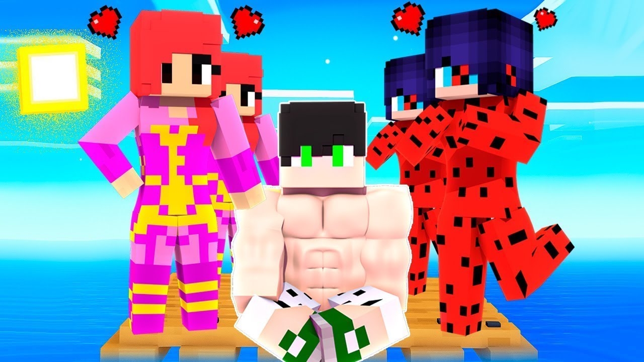 SOBREVIVENDO EM UMA JANGADA com as LADYBUGS E LAVAGIRL APAIXONADA NO MINECRAFT!