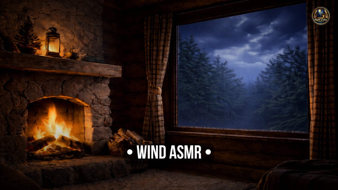 Night Cabin Ambience • Strong Wind on Window + Fireplace ASMR (10 Hours) Deep Sleep