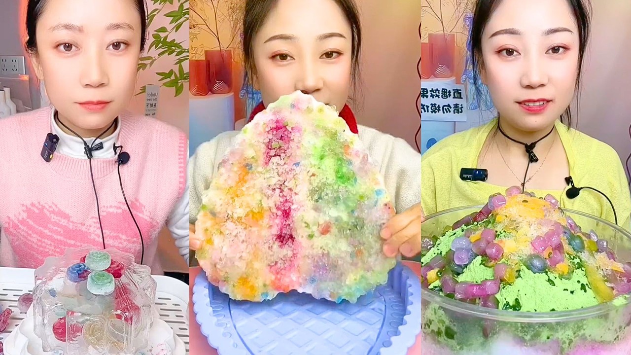 Rainbow Crystal Snow Ice and Green Candy Mountain Texture Tasting