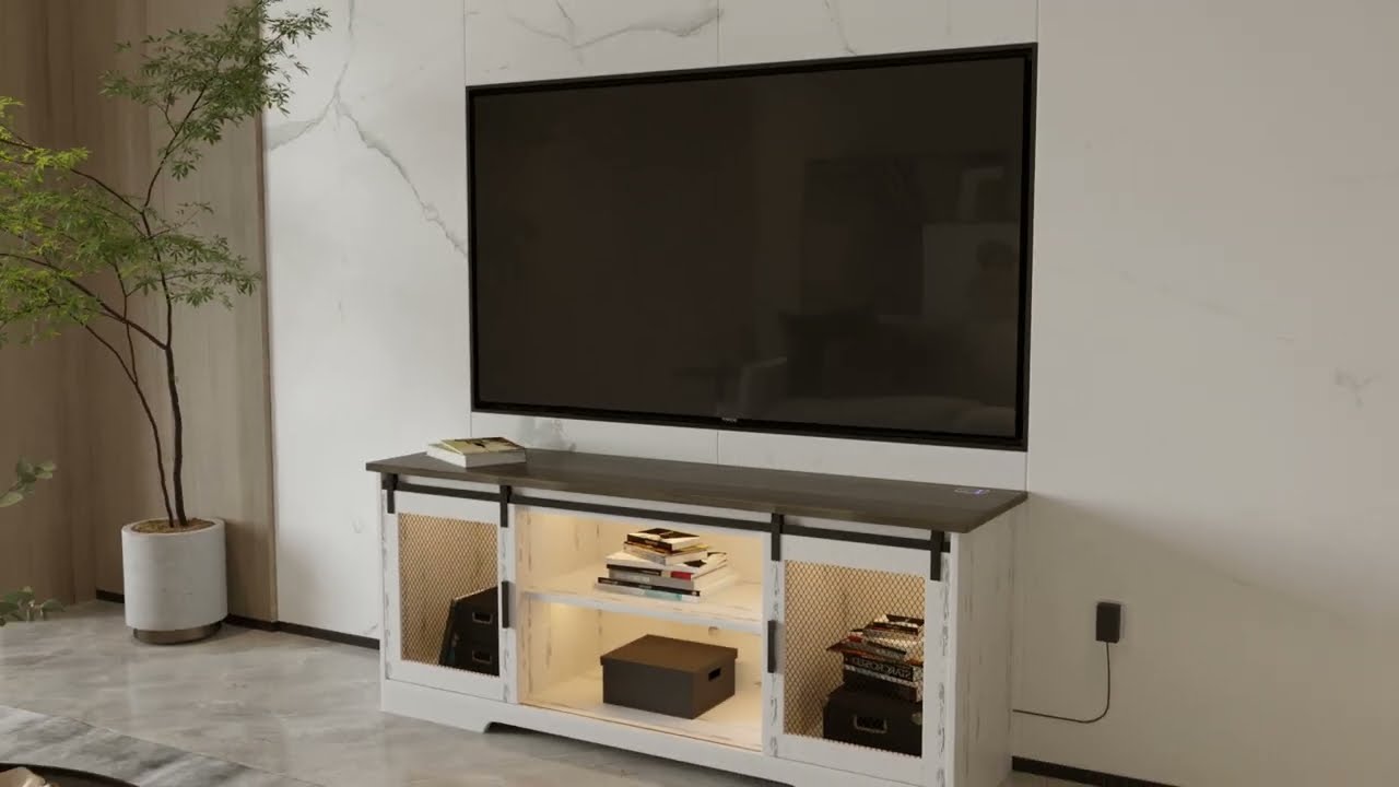 9105 Installation Video - LVSOMT Farmhouse Barn Door TV Stand with LED Lights for TVs up to 65 Inch