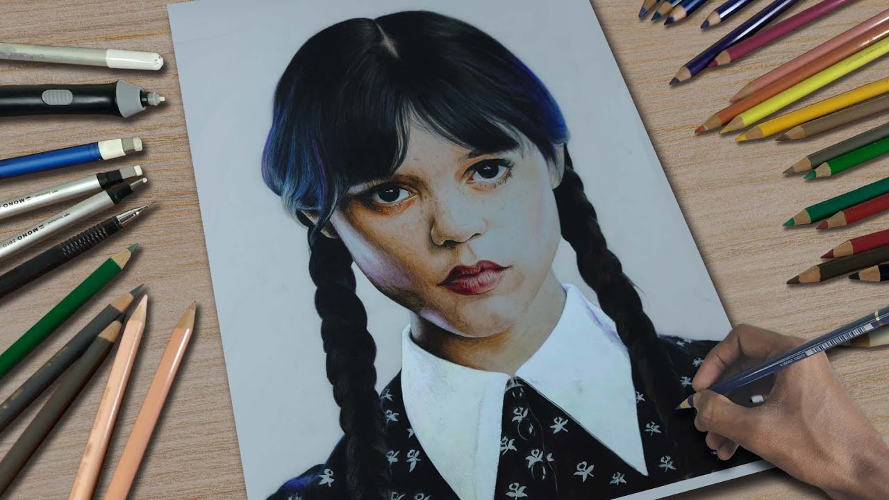 Drawing Wednesday Addams | Jenna Ortega | Kush Art - YouTube