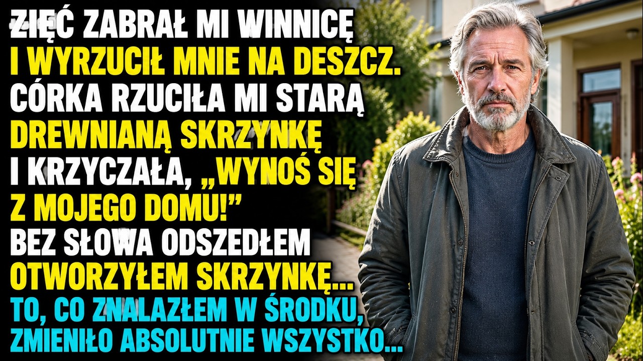 Mój zięć rzucił mi pod stopy starą skrzynkę wina. „Zabierz swoje wspomnienia i odejdź!” – krzyknęła moja córka, a jej dłonie drżały. Godzinę później siedziałem na przystanku w strugach deszczu,...