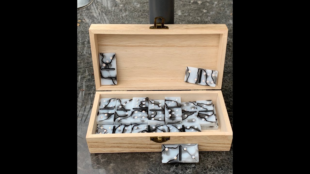 Watch Me Resin! Custom Dominos Set/Black and White Marble Effect with Opal Rhinestones