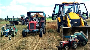 jcb and tractor working loading mud together trolley massey 1035, eicher 380 tractor । jcb cartoon