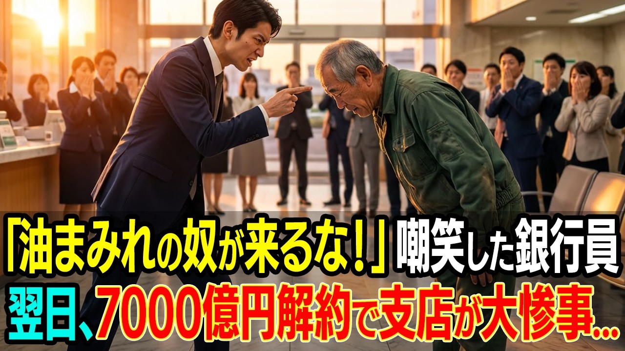 【感動する話】「油まみれの奴が来るな！」病気の妻の為、作業着姿の老人を嘲笑した新人銀行員。翌日、7000億円解約で支店が大惨事。【朗読・シニア】