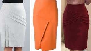 latest fashion trend of office wear plain plated pencil skirts designs 2021