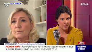 Marine Le Pen présidente du RN, était l'invitée d'Apolline de Malherbe sur RMC et BFMTV - 03/04/2020 Marine Le Pen présidente du RN, était l'invitée d'Apolline de Malherbe sur RMC et BFMTV - 03/04/2020