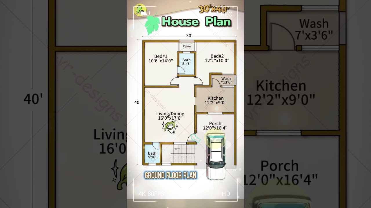 30×40 house plan with car parking, 2bhk house design, 30’ by 40’ house map, 30*40 home plan