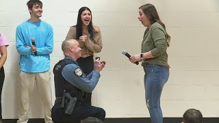 Chesterfield officer proposes to teacher at school assembly