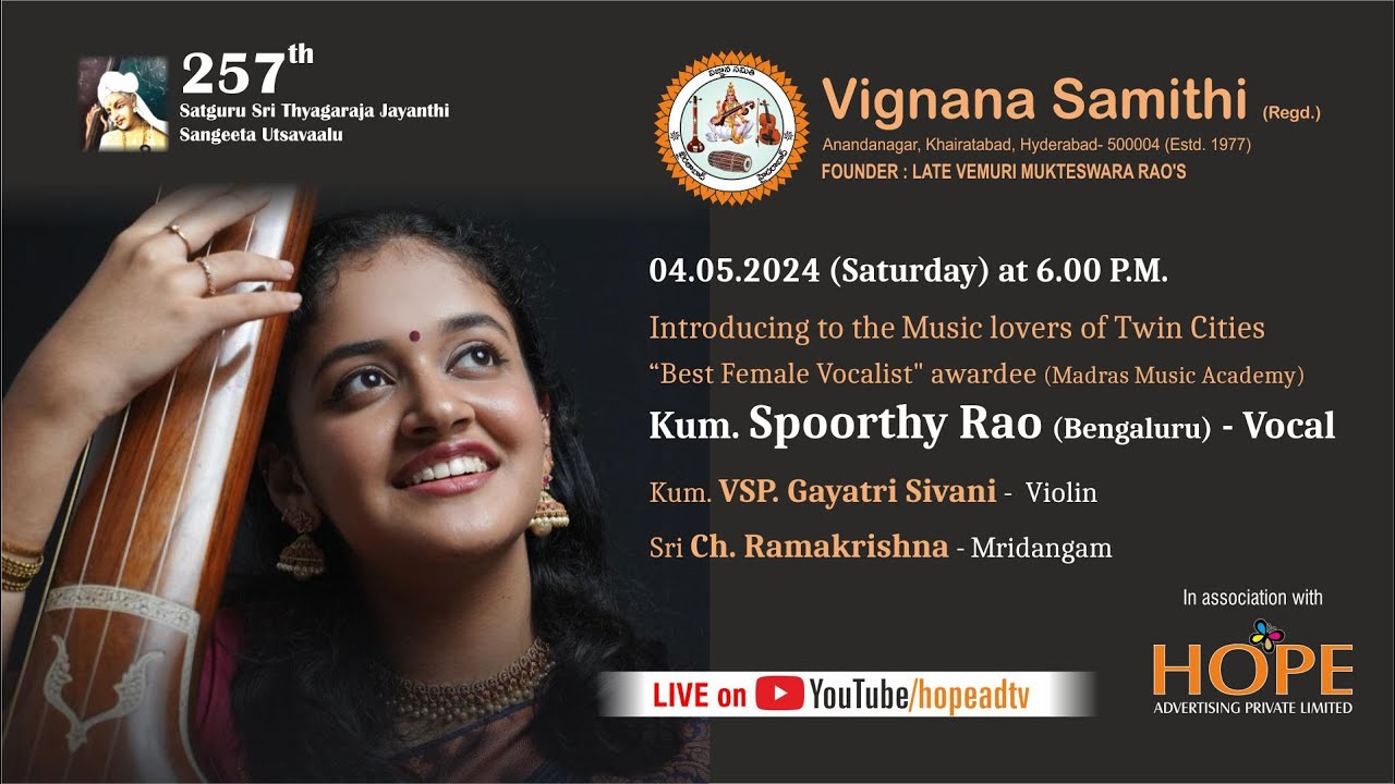 Vignana Samithi Presents Vocal concert by Kum Spoorthi Rao on 4 5 2024