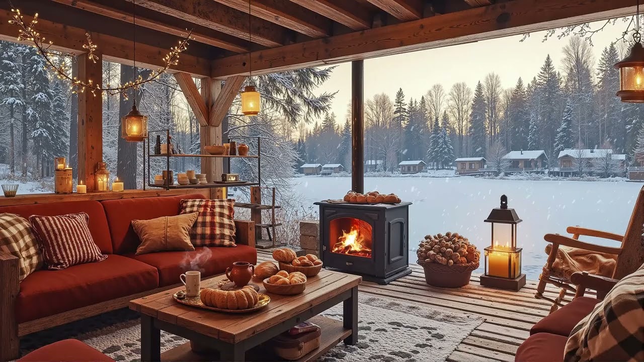 Winter Porch Jazz Bliss ❄️ Cozy Smooth Jazz & Fireplace Ambience for Snowy Evenings
