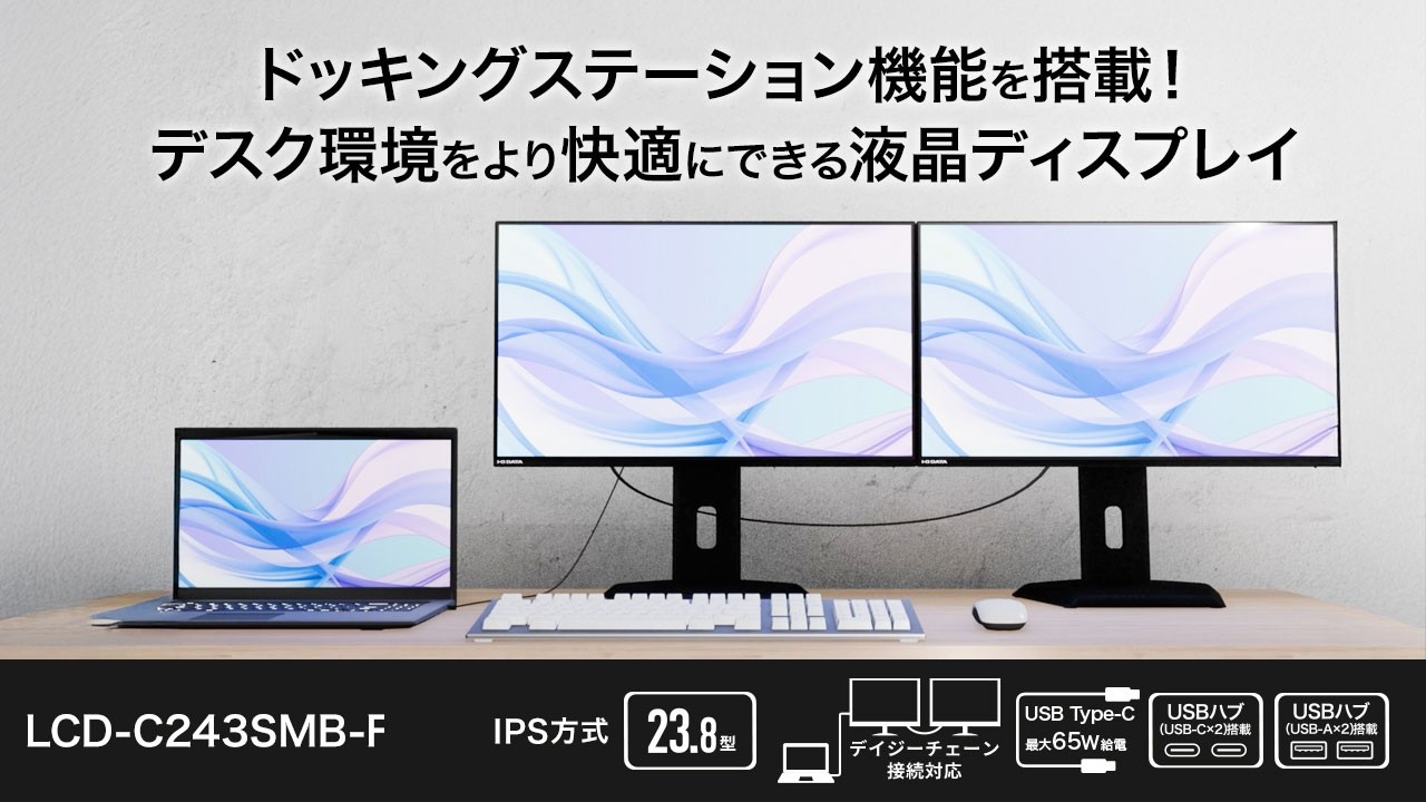 デイジーチェーン接続対応＆65W給電 USB Type-C®搭載23.8型液晶ディスプレイ（BizCrysta）LCD-C243SMB-F