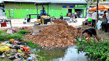 Wonderful New Project Mix! Landfill on Flooded Area, Dozer D20A Pushing Soil Into Water with Trucks