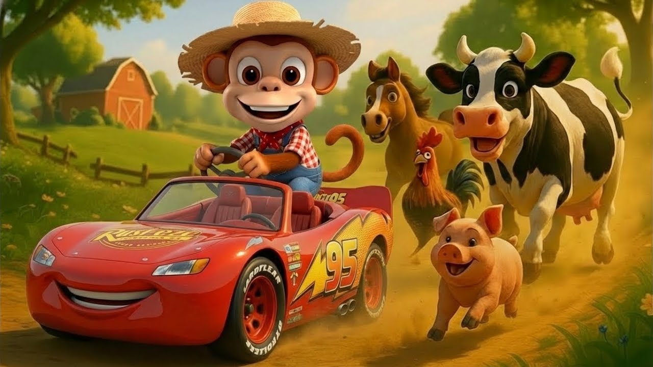 🐒🚜 Monkey Funny Farm Adventure with mcqueen Tractor 🌽🍿