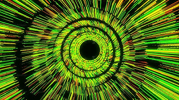 Glowing red, green, yellow lines rotating and forming a funnel. Animation. Colorful vortex spinning