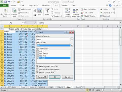 Insert Subtotals into a List of Data in a Worksheet - Excel 2010 - YouTube