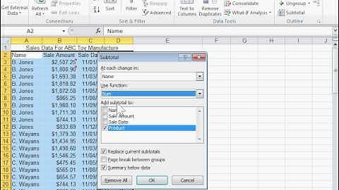 Insert Subtotals into a List of Data in a Worksheet - Excel 2010