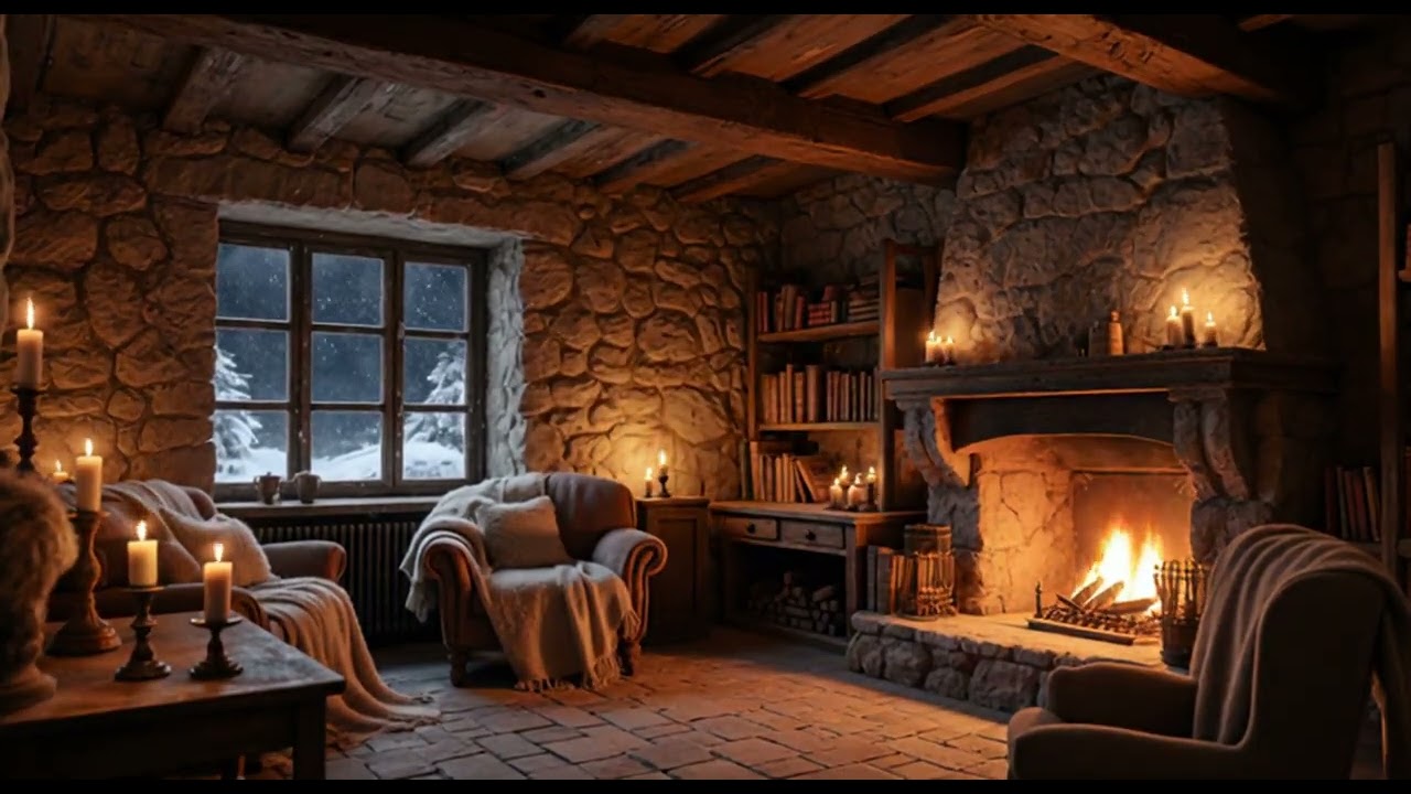 Cozy Old-World Cabin Ambience | Fireplace, Candles & Falling Snow | 4 Hours