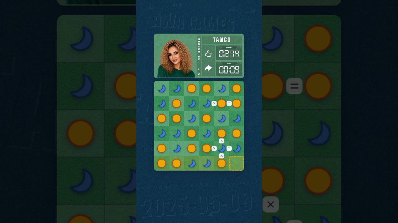 LinkedIn Tango #214 solved board for May 9, 2025, 6x6 grid