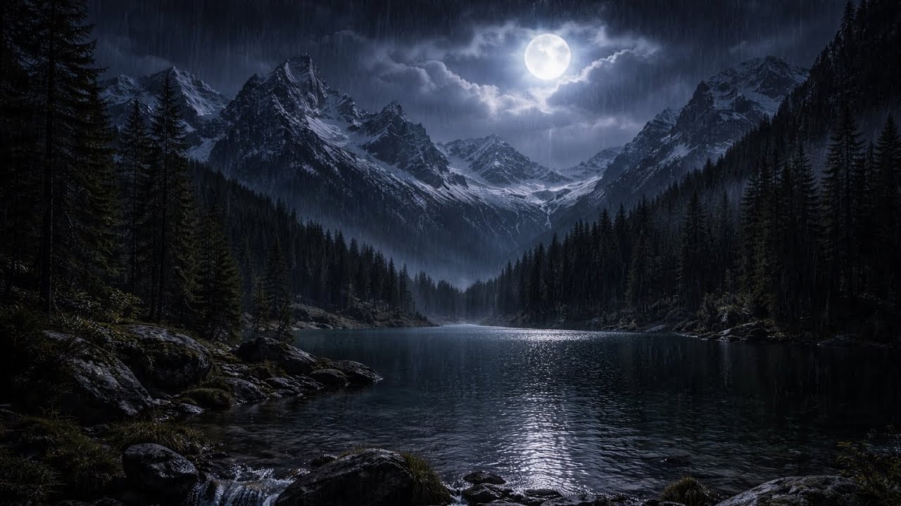 Dark Mountain Rain at Night 🌧️ | Deep Sleep Water Sounds | Moonlit Alpine Ambience