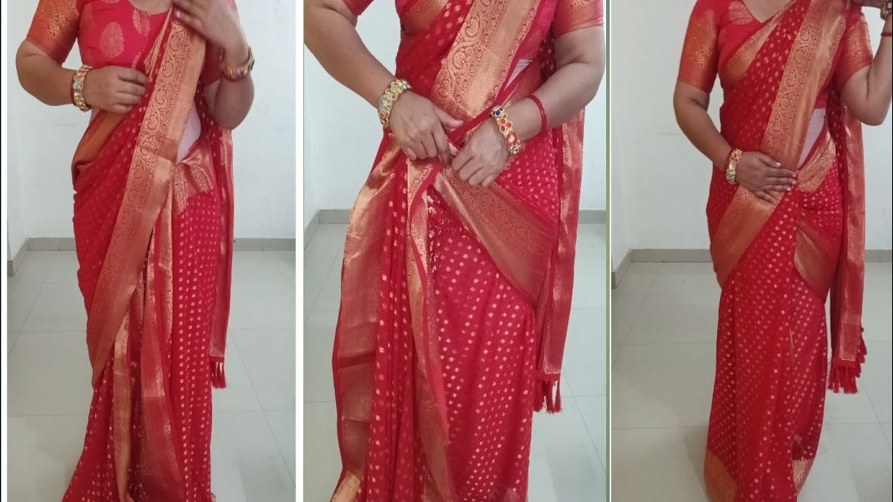 Beautiful silk saree draping different style/parfect pallu & Side pleats setting tricks 💫