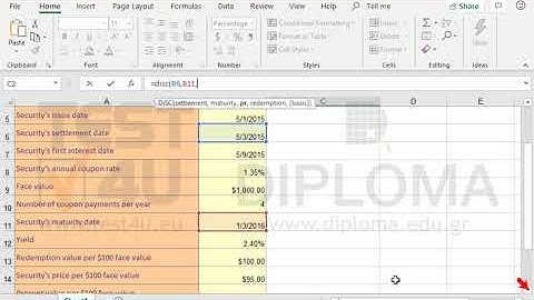 Use the proper function in the cell C2, to calculate the discount rate for a security. All the...