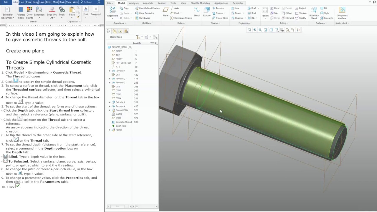 How to give cosmetic threads for bolts in creo YouTube