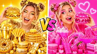 💛💖 GOLD VS NEON PINK! 24-Hour One Color Food Challenge | by 123 GO!