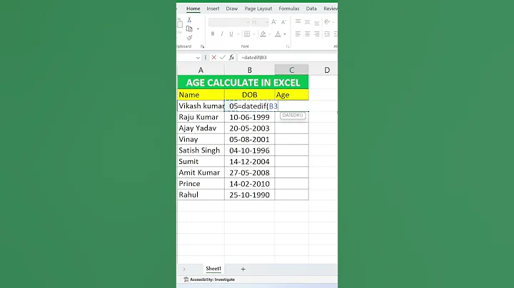 Calculate Age in Excel  #excel #excelshorts #spreadsheet #calculate