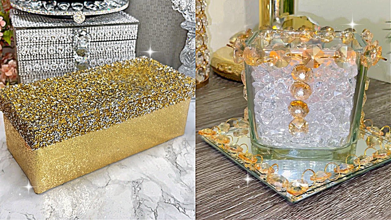 GOLDEN BLING STORAGE BOX MIRROR CRYSTAL CANDLE VASE  DIY ROOM DECOR HOME DECORATING IDEAS DIY