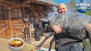 Семья живёт на хуторе в лесу. Разведение кур, овец, свиней на свободном выгуле. Солянка в казане.