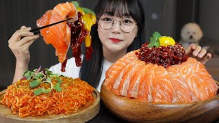 Salmon Sashimi with Yukhoe(Raw beef)🧡 ft. Spicy Mixed Noodles | Mukbang Asmr