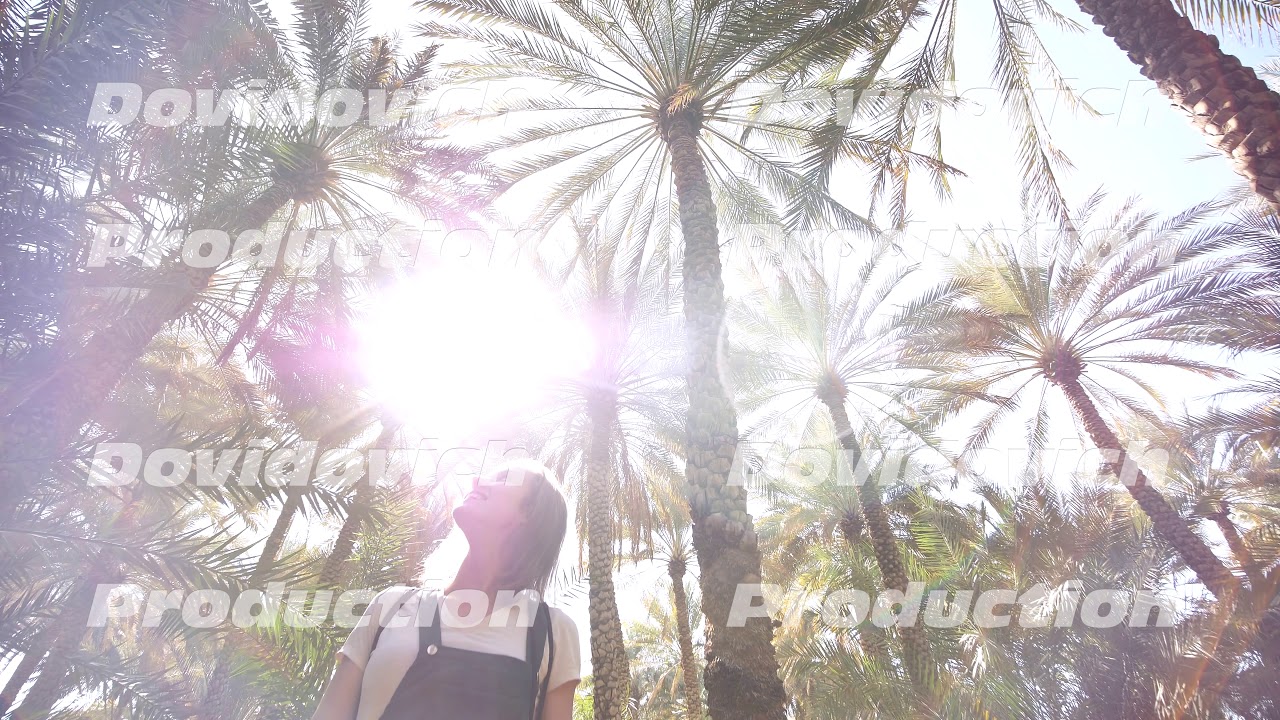 A girl walks through the palm jungle.