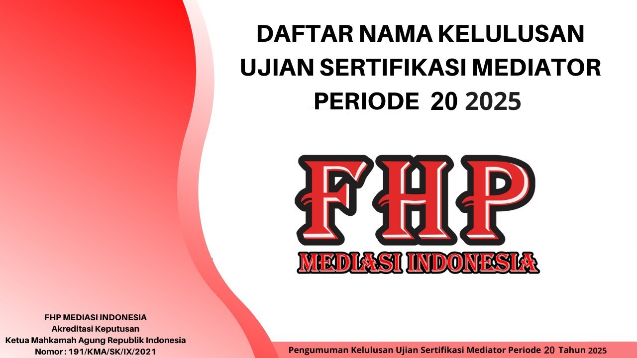 Pengumuman Ujian Mediator Periode 20 Tahun 2025, FHP Mediasi Indonesia