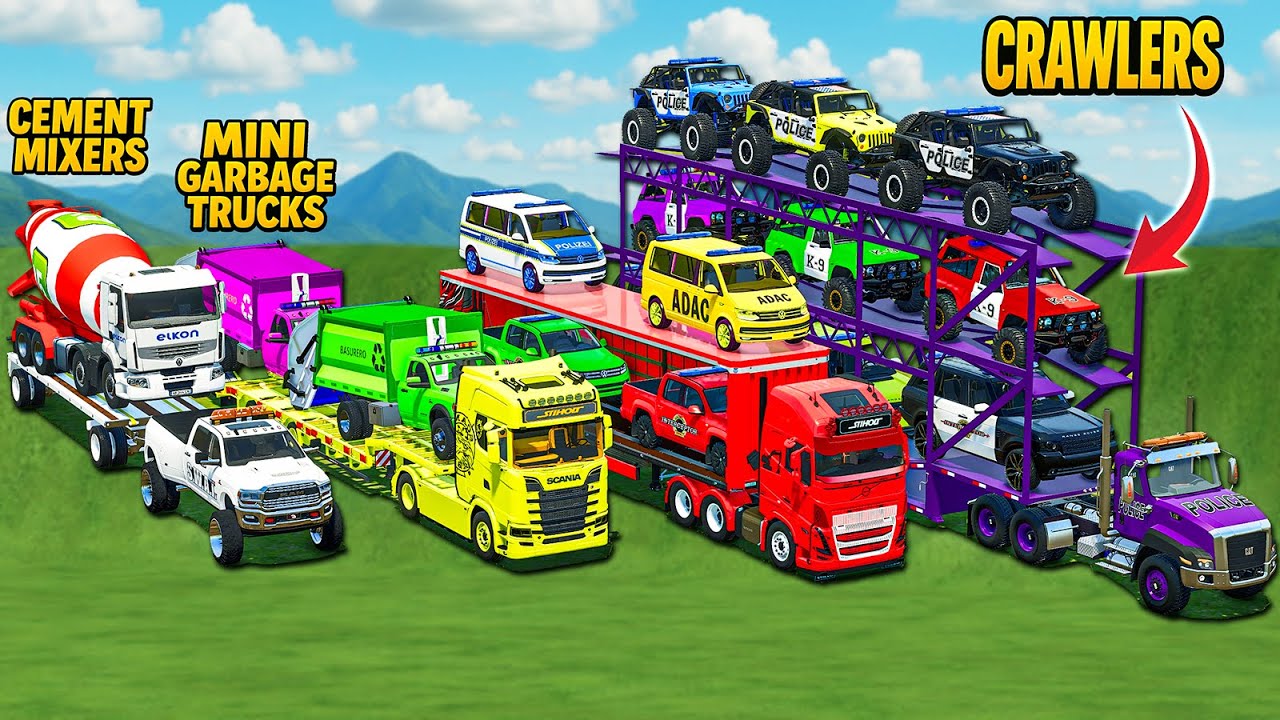 OVERSIZED EMERGENCY TRANSPORT! CEMENT MIXERS VS POLICE CRAWLERS VS POWER TRUCKS BATTLE! FS 25