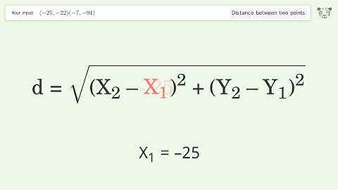 Find the distance between two points p1 (-25,-22) and p2 (-7,-91): Step-by-Step Video Solution