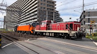 渡田踏切にて、JR貨物DD200形17号機+台湾鉄路管理局E500形E501号機+国鉄ヨ8000形ヨ8402東芝府中工場出場新造甲種輸送 通過シーン